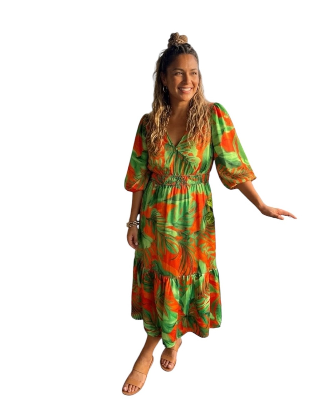 Vibrant Green & Orange Maxi Dress with Smocked Waist